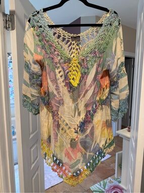 Boho Crochet-Trim Floral Mesh Top - Multicolor-Medium see dimensions